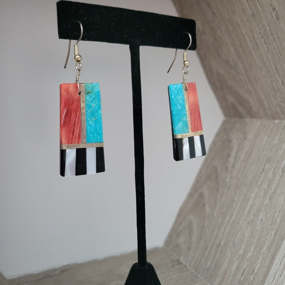 Santo Domingo Pueblo Turquoise Spiny Oyster Inlaid Dangle Earrings Southwestern - Picture 8 of 9
